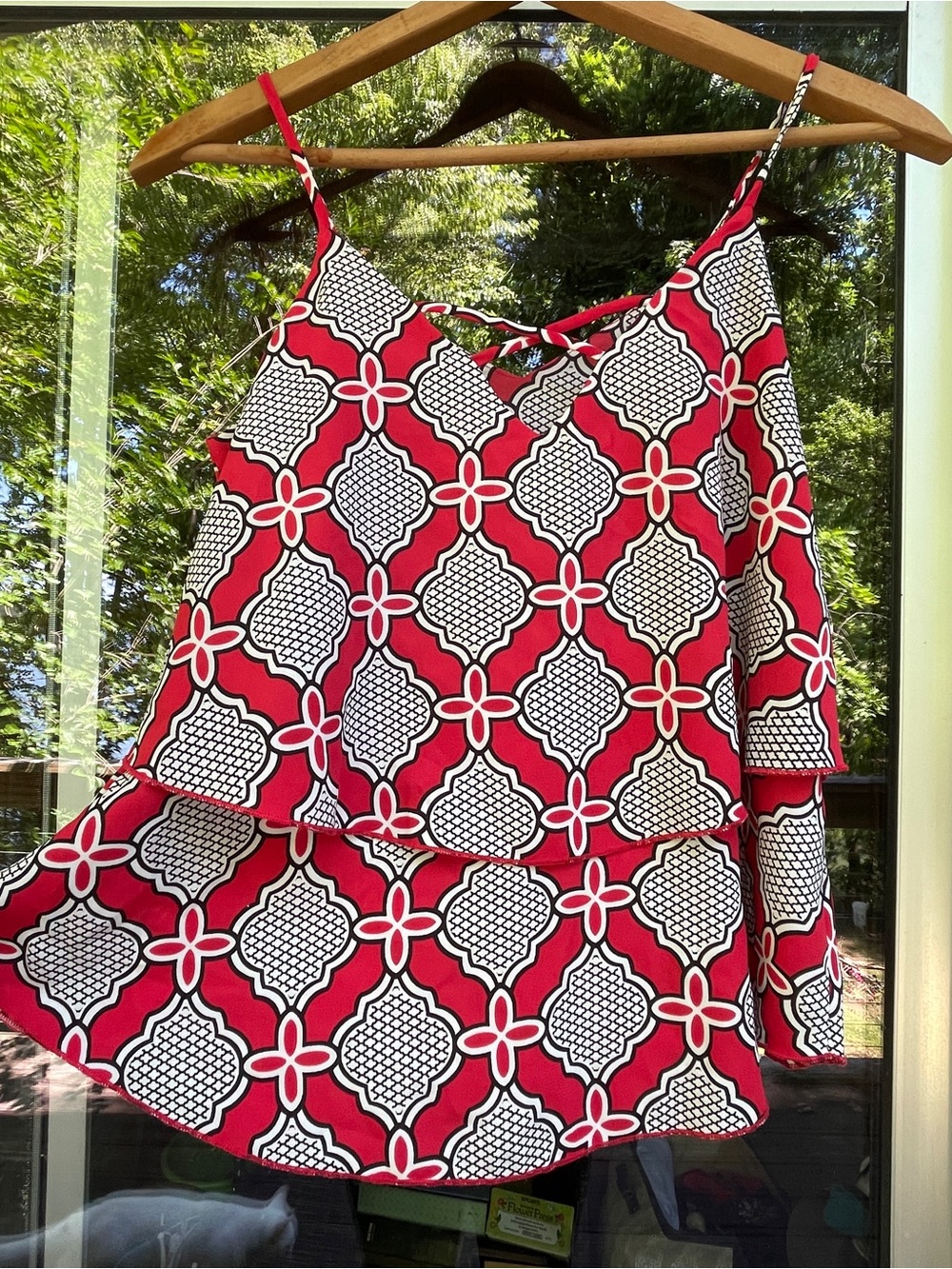 Red Geometric Layered Camisole tank top with crisscross Back - Going Out Top